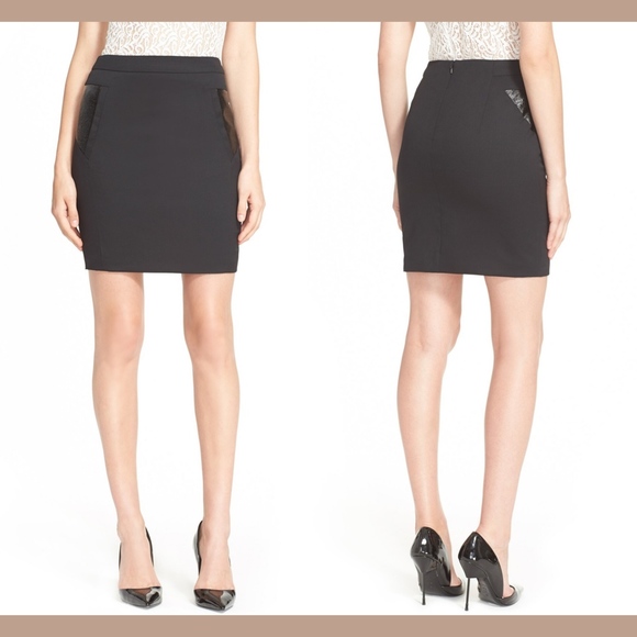 NWT $265 The Kooples Vinyl Trim Stretch Wool‎ Skirt in Black [SZ 40 ] - Picture 1 of 7